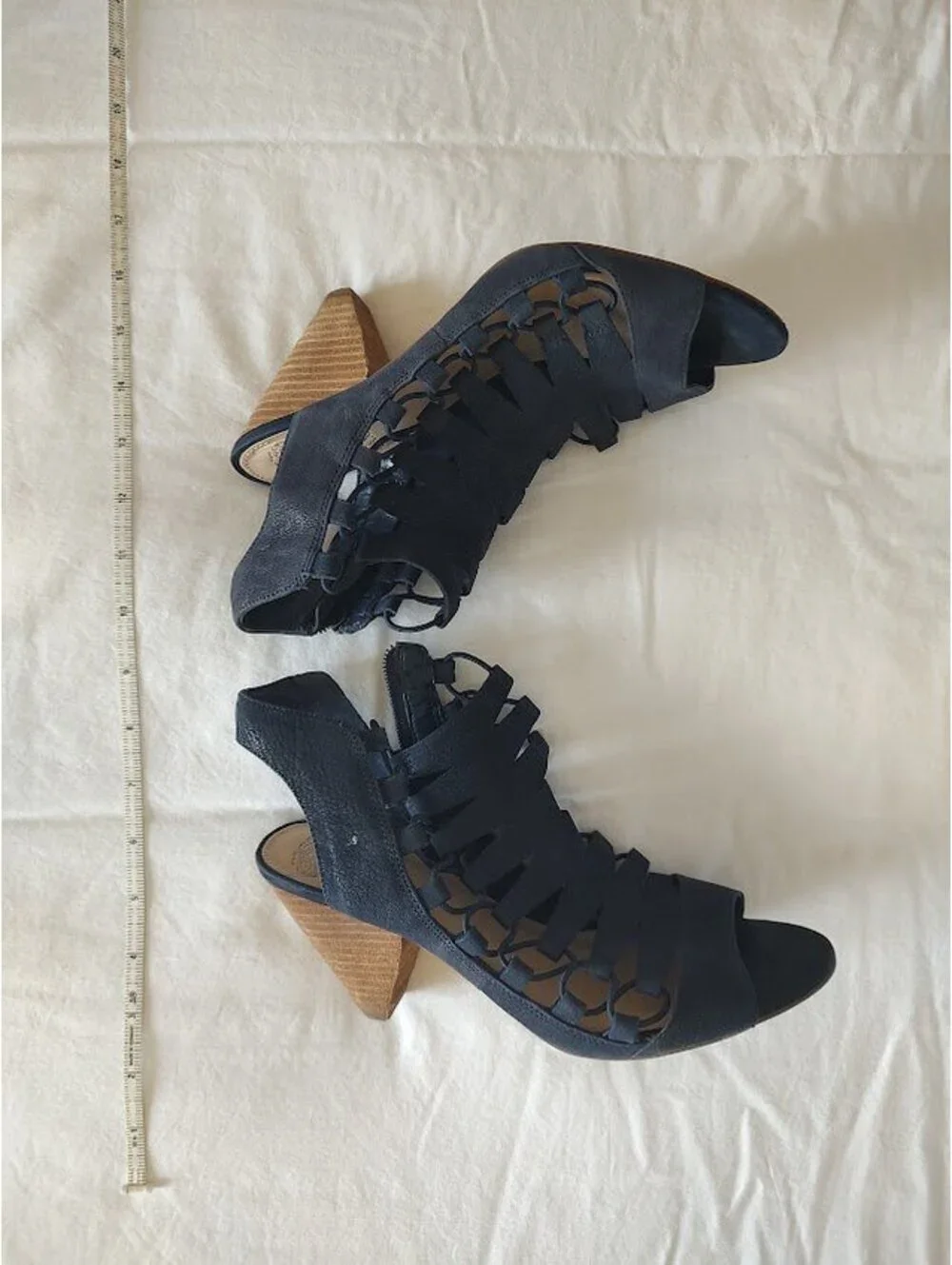 Vince Camuto Navy Leather Eliaz Cone Heeled Dress Sandal Sz7 #gladiator #peeptoe